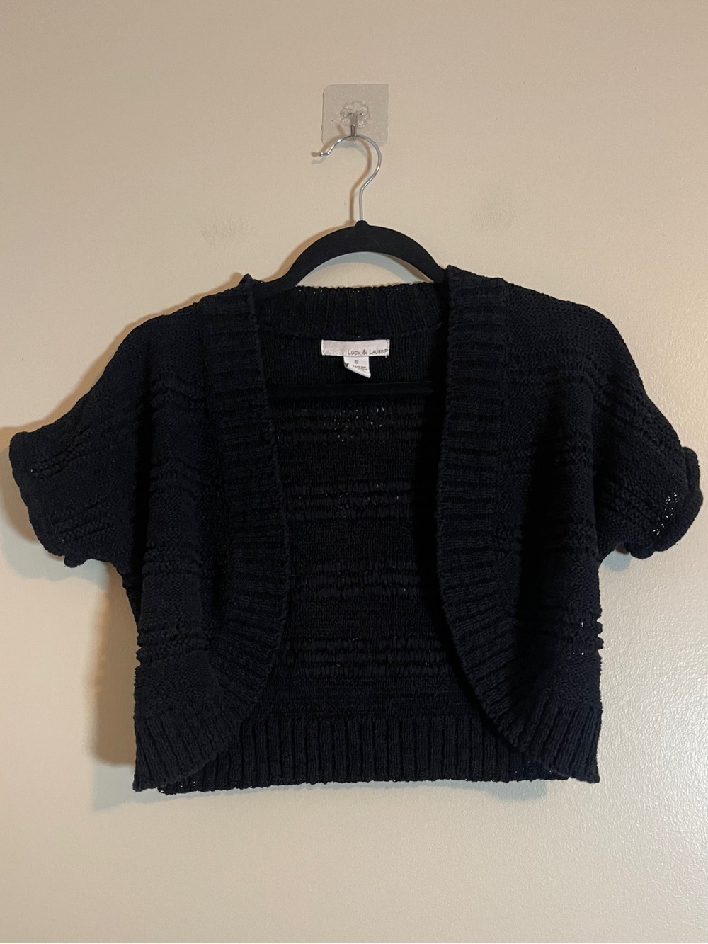 Lucy & Laurel Sweater Womens Small Black Short-Sleeve Open Cropped Knit Cardigan